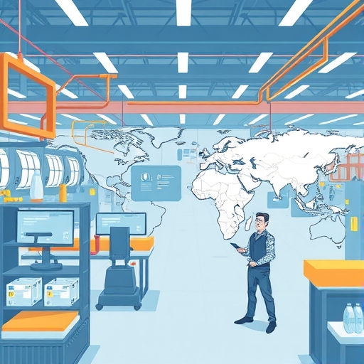 忙碌工廠生產線上智慧眼鏡堆積如山，供應瓶頸明顯，全球地圖標示擴張暫停，一位科技主管面露沮喪