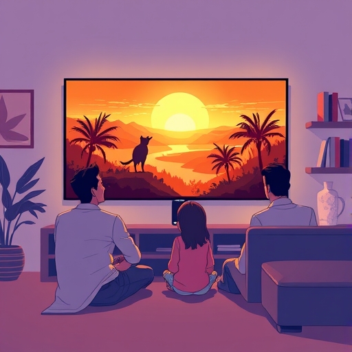 A family interacting with an Amazon Ember Artline TV using Alexa voice commands AI curating digital art in a smart home setting with optimized lighting