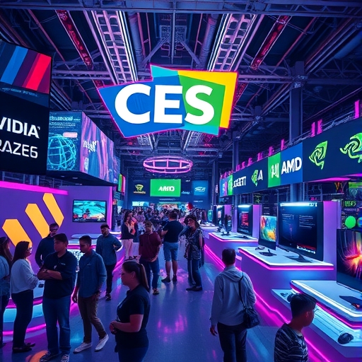 CES 2026 未來展覽廳，觀眾注視著閃耀的 AI 設備，NVIDIA、AMD 和 Razer 標誌醒目，營造出充滿活力的創新氛圍