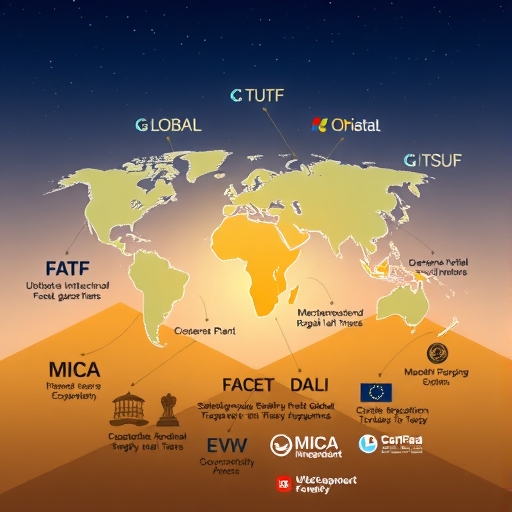 illustration a global regulatory landscape with various governments and institutions creating clear frameworks like FATF and MiCA promoting transparency and trust