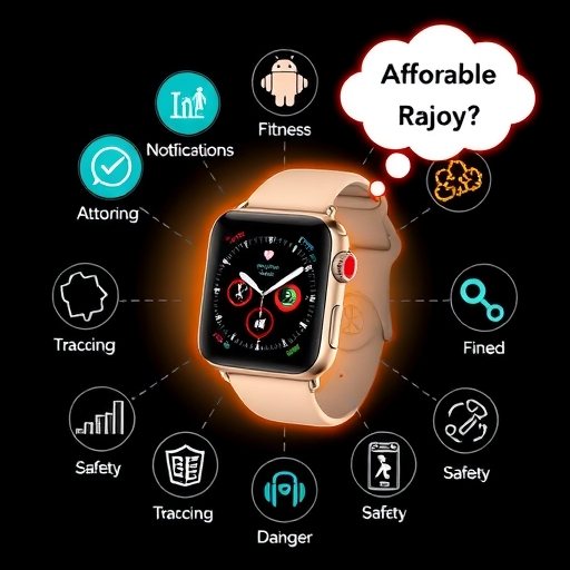 發光的 Apple Watch SE 3 周圍環繞通知、健身追蹤和安全圖示，思想泡泡顯示價格親民，強調高性價比