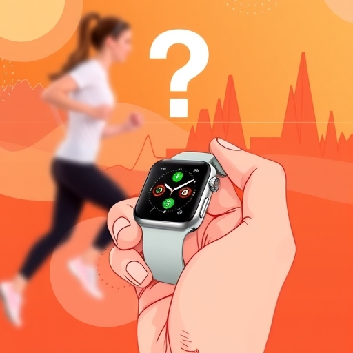 手持 Apple Watch SE 3，上方有問號，背景顯示跑步和心率監測，代表其價值與目標客群