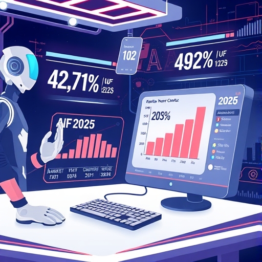 一人快樂使用 AI PC 插圖，未來介面顯示 2025 年 10% 和 2026 年 50% 市場佔比圖表，新電腦浪潮