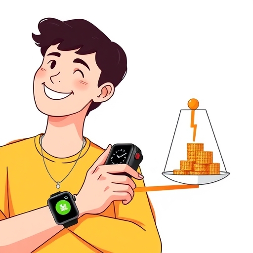 微笑戴著 Apple Watch SE 3 的人，硬幣流入 Apple 生態系統，天平一邊核心功能一邊親民價格，完美平衡