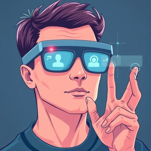 一位使用者戴著時尚智慧眼鏡與 AI 對話，小型顯示屏閃現通知，內建鏡頭捕捉影像，手勢控制展現未來科技