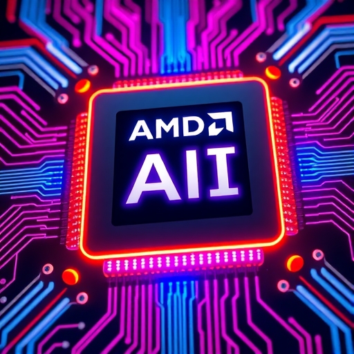 強大的 AMD AI PC 處理器晶片，散發數位光芒，展示整合式 AI 加速功能，適用於遊戲與通用運算，設計時尚未來感