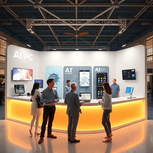 科技展覽攤位插圖，展示三個區域：AI PC、AI 伺服器和 AIoT 設備，人們互動先進 AI 功能提升生產力