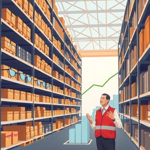 空蕩蕩的倉庫貨架缺少智慧眼鏡，需求曲線圖表急劇上升，Meta 發言人沉思艱難抉擇，背景是繁忙的貨運港口