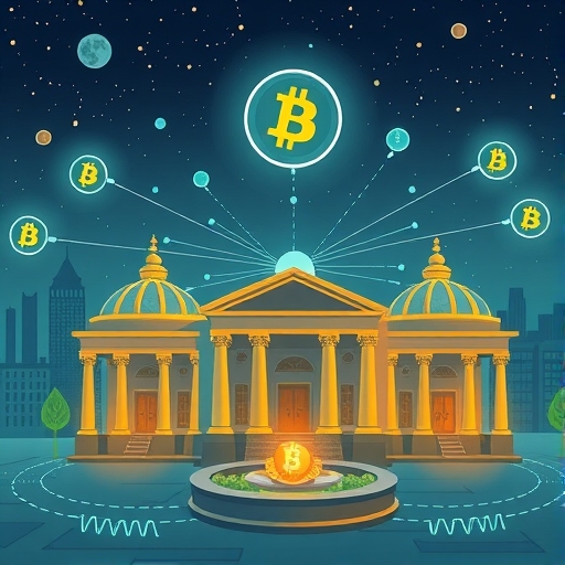 illustration decentralized finance DeFi protocols interacting with traditional financial institutions showing growth and new opportunities for institutional investors