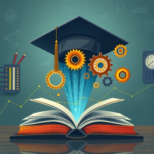畢業帽轉變成開放書籍、齒輪和數據流,代表過時教育轉向持續學習與科技變革