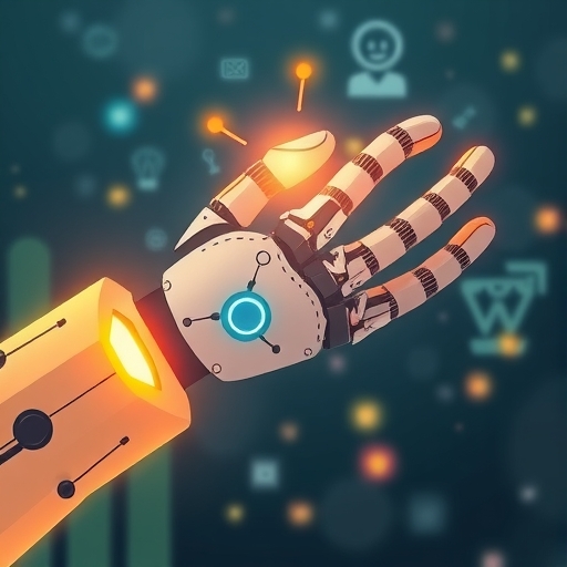 人類手與發光AI機器人手互動,合作解決複雜問題,象徵創造力和批判性思維與數位工具