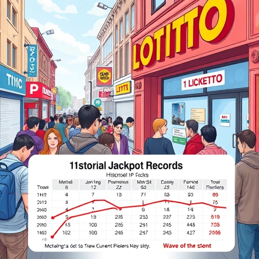 彩券行外排成長龍,民眾熱切購買威力彩票,背景顯示歷史頭獎記錄,營造興奮的購票浪潮