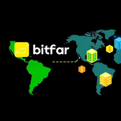 Bitfarms 公司標誌從拉丁美洲轉移至北美地圖,顯示 3000 萬美元交易與資料中心符號