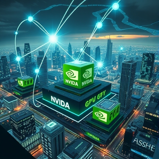 NVIDIA GPU晶片作為AI革命核心引擎的插圖，未來城市景觀中數據流與深度學習模型由先進平行運算技術驅動，展現全球影響力