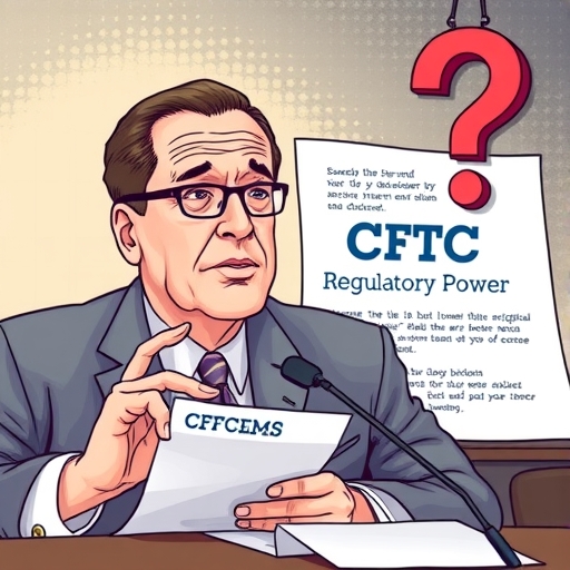 共和黨參議員約翰·布茲曼帶領委員會審核加密法案，CFTC標誌突出顯示為監管重點，民主黨一方懸掛問號