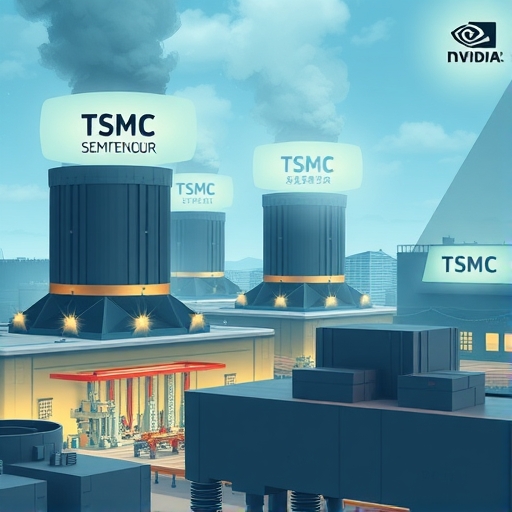 台積電半導體工廠的插圖，展示先進製造流程生產NVIDIA高端AI晶片，象徵台灣在全球科技供應鏈中的關鍵角色