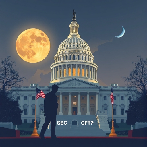 美國國會大廈插圖，SEC 與 CFTC 代表人物在立法挑戰與政治分歧中定義數位資產規則