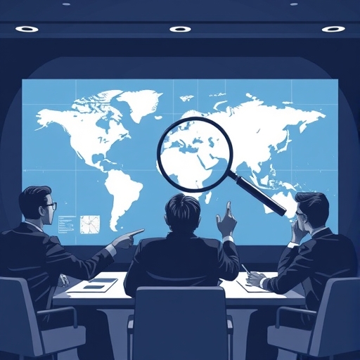 公司董事會會議,策略師指向全球地圖優化資源配置,放大鏡聚焦北美