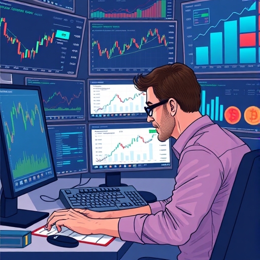 加密投資者觀察多個螢幕上的圖表、全球經濟數據與區塊鏈升級新聞