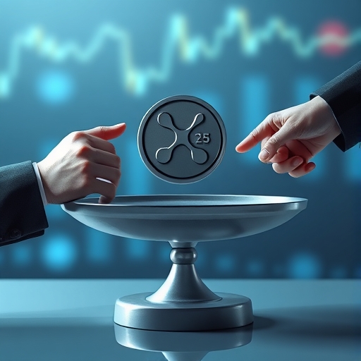買賣雙方平衡的天平，XRP 幣置中，象徵 2.05 美元周圍的緊密價格區間，能量蓄積待發
