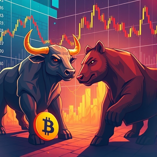 illustration of a financial market scene with a bull and bear symbolizing a cooling bull market in 2026 Goldman Sachs forecast <a href=