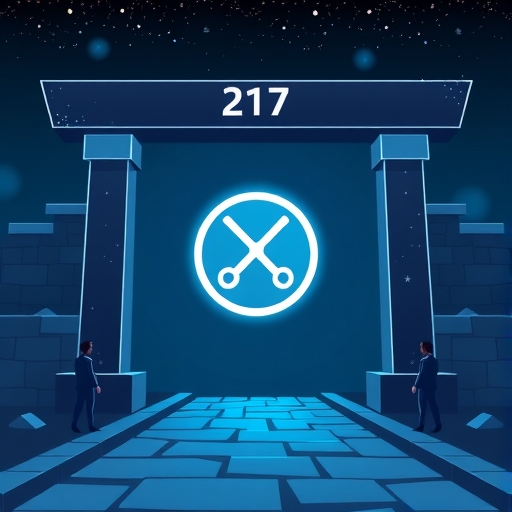 標示 2.17 美元的閘門，XRP 幣接近，象徵關鍵阻力位，市場路徑分為上漲或下跌