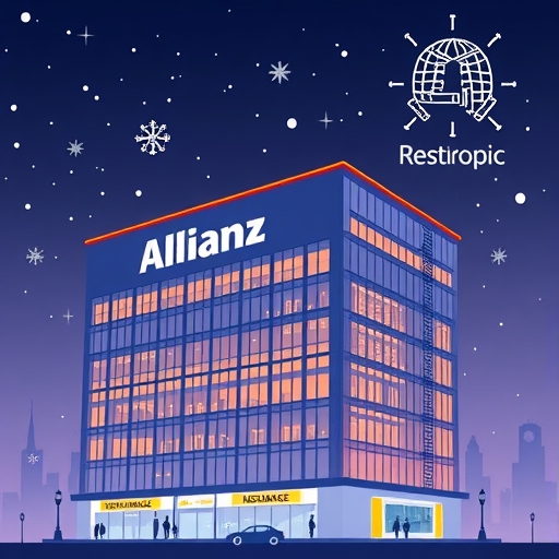 巨型保險公司建築物 Allianz 標誌,與未來人工智慧公司 Anthropic 標誌合作,強調負責任人工智慧原則的倫理科技未來保險