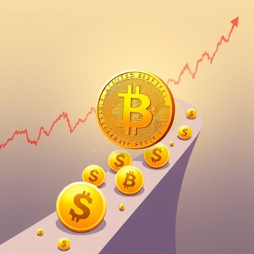 金色比特幣引領數字貨幣象徵前行,象徵每日連勝與投資者信心增長,背景為S&P 500指數上漲