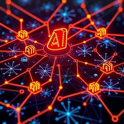 illustration of a network of AI related industries data centers semiconductors software development connected by glowing lines representing 540 billion dollars in AI capital expenditure driving market growth