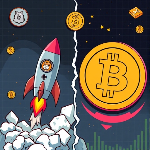 illustration of a split crypto market a soaring meme coin rocket with dogecoin and pepe logos on one side and struggling bitcoin strategy funds on the other symbolizing market polarization and volatility