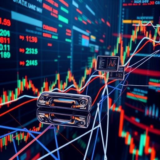 illustration of complex algorithms and data models executing dynamic hedging volatility trading and arbitrage strategies in a digital financial landscape