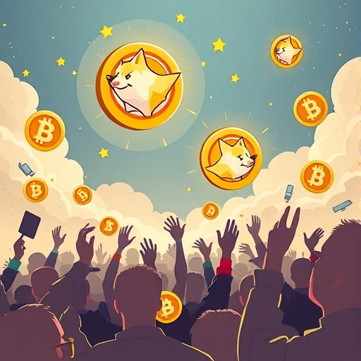 illustration of dogecoin and pepe coins soaring high above a crowd of cheering social media users representing their strong rise driven by community enthusiasm