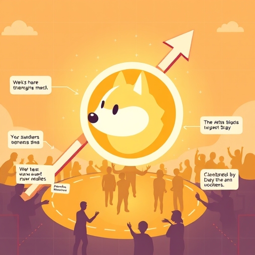 illustration of dogecoin coin breaking through a technical double bottom chart pattern with an upward arrow surrounded by a supportive community and positive news headlines