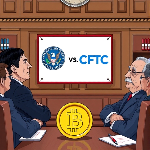 參議員在議事廳討論數位資產立法插圖，白板顯示 SEC 與 CFTC 標誌及加密幣上的問號