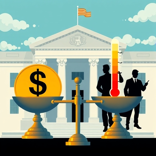 天平一側顯示美元與通脹溫度計，另一側為勞工身影，聯準會建築象徵政策對加密價格的影響