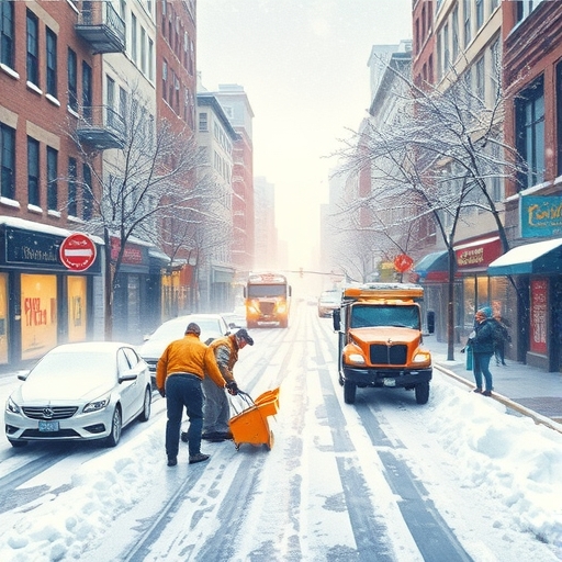 雪覆蓋的城市街道，人們鏟雪與雪犁作業，凸顯極端天氣下冬季服務與設備的需求市場機會