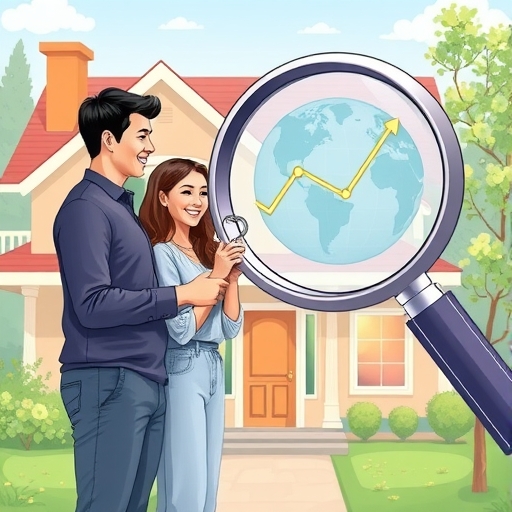 年輕夫妻開心領取新家鑰匙，背景央行利率與全球通膨放大鏡插圖